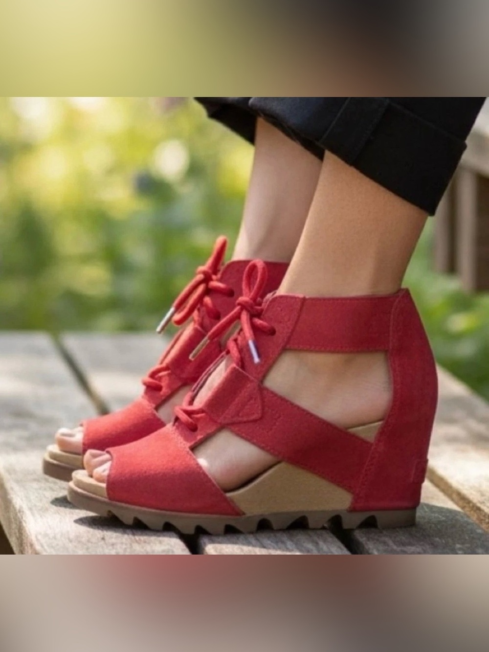 Vibrant Red suede Sorel Joanie Lace-Up Wedge Sandals, Size 10